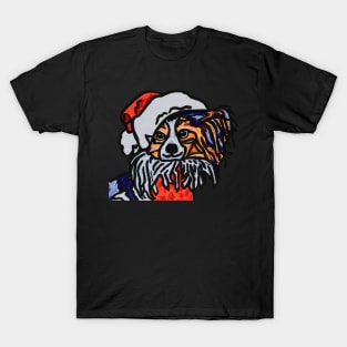 Papillon Dog Santa over Black T-Shirt